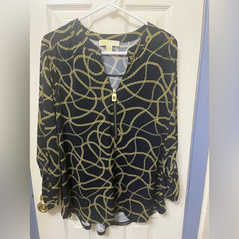 MICHAEL KORS Navy/Gold Chain Print 1/2 Zip Women's Top, size XL
